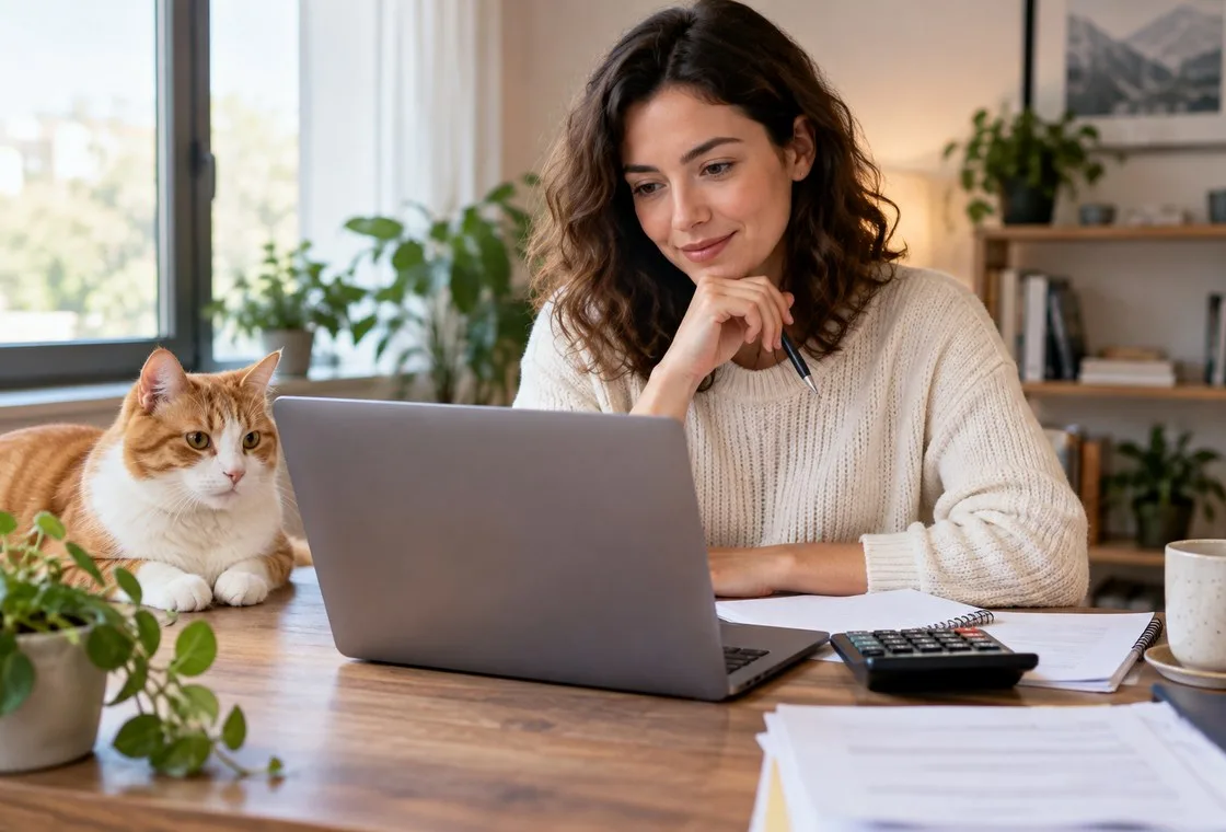 Owner using laptop with orange-and-white cat and calculator nearby